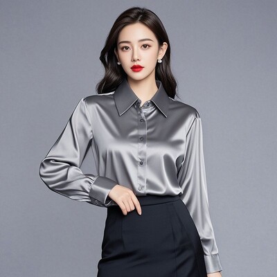 Elegantiški šilko biuro marškiniai Moteriški korėjietiški Y2k drabužiai Ploni ilgomis rankovėmis balti juodi Blusas Mujer darbo drabužiai Viršutiniai ir palaidinės