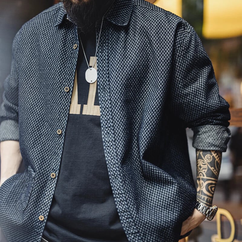 Maden Retro laisvi ilgomis rankovėmis džinsiniai marškiniai languotais atvartais, vienaeilis švarkas vyrams pavasario ir rudens universalūs viršutiniai drabužiai