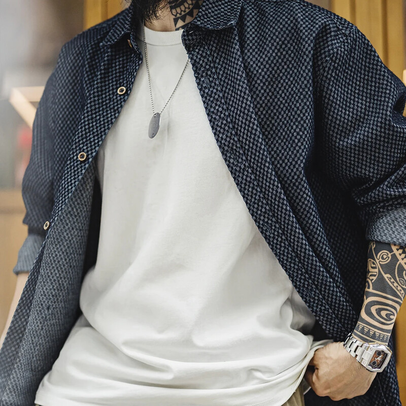 Maden Retro laisvi ilgomis rankovėmis džinsiniai marškiniai languotais atvartais, vienaeilis švarkas vyrams pavasario ir rudens universalūs viršutiniai drabužiai