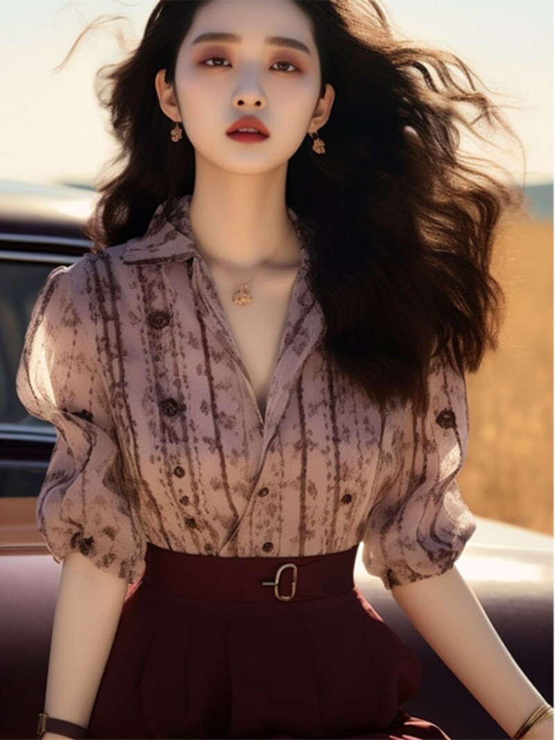 Prancūziško stiliaus unikalūs ir prašmatnūs viršutinio dizaino nišiniai retro Honkongo stiliaus marškinėliai trumpomis rankovėmis moterims