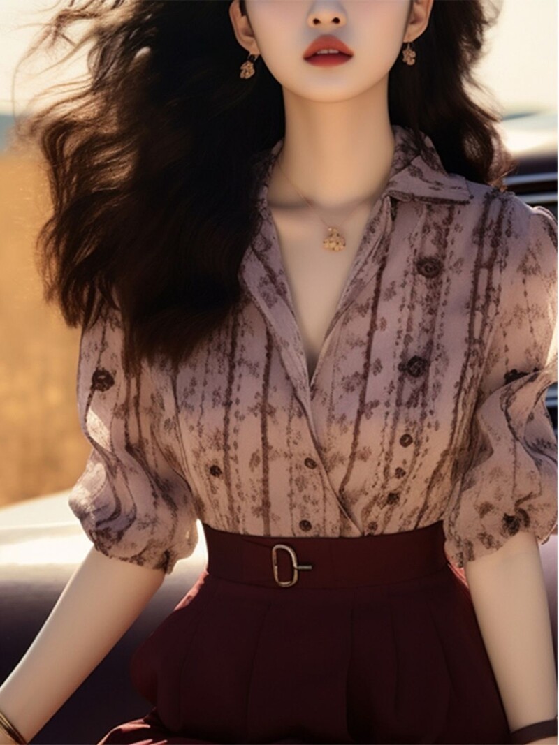 Prancūziško stiliaus unikalūs ir prašmatnūs viršutinio dizaino nišiniai retro Honkongo stiliaus marškinėliai trumpomis rankovėmis moterims