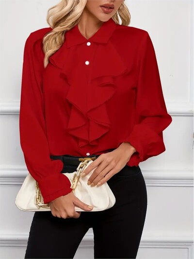 Moteriškos „Boho“ baltos palaidinės pavasario rudens mados ilgomis rankovėmis raukintais sluoksniais dekoratyvūs laisvalaikio marškinėliai Moteriški biuro viršutiniai drabužiai