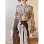 Ķīniešu stila eleganti temperamenta plāni ar apdruku ar O veida kakla krekli ar garām piedurknēm Sieviešu pavasara rudens tendences biroja sieviešu topi