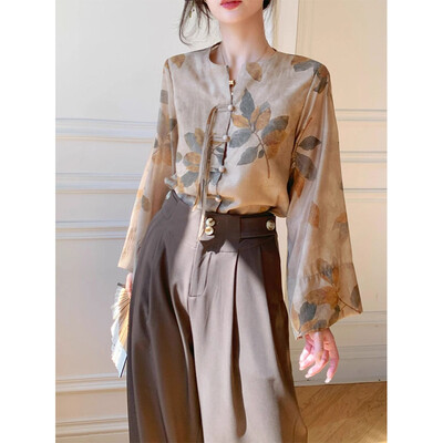 Ķīniešu stila eleganti temperamenta plāni ar apdruku ar O veida kakla krekli ar garām piedurknēm Sieviešu pavasara rudens tendences biroja sieviešu topi