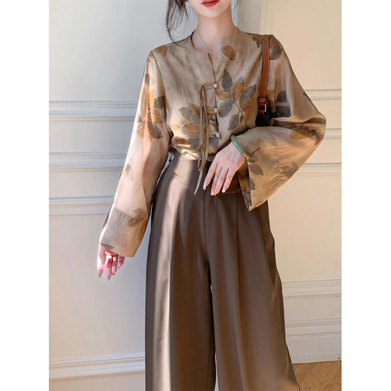 Ķīniešu stila eleganti temperamenta plāni ar apdruku ar O veida kakla krekli ar garām piedurknēm Sieviešu pavasara rudens tendences biroja sieviešu topi