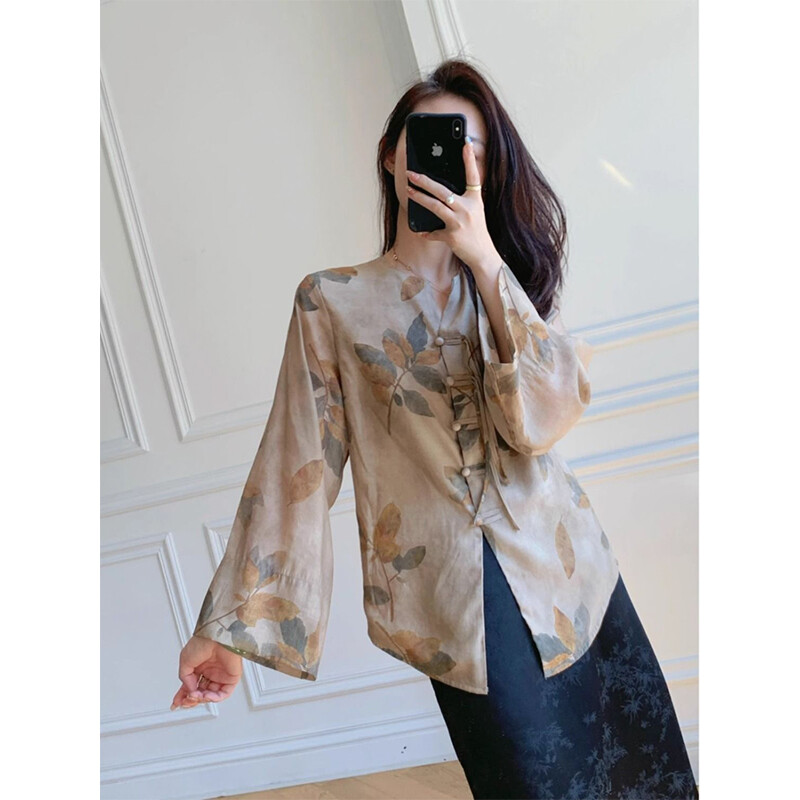 Ķīniešu stila eleganti temperamenta plāni ar apdruku ar O veida kakla krekli ar garām piedurknēm Sieviešu pavasara rudens tendences biroja sieviešu topi