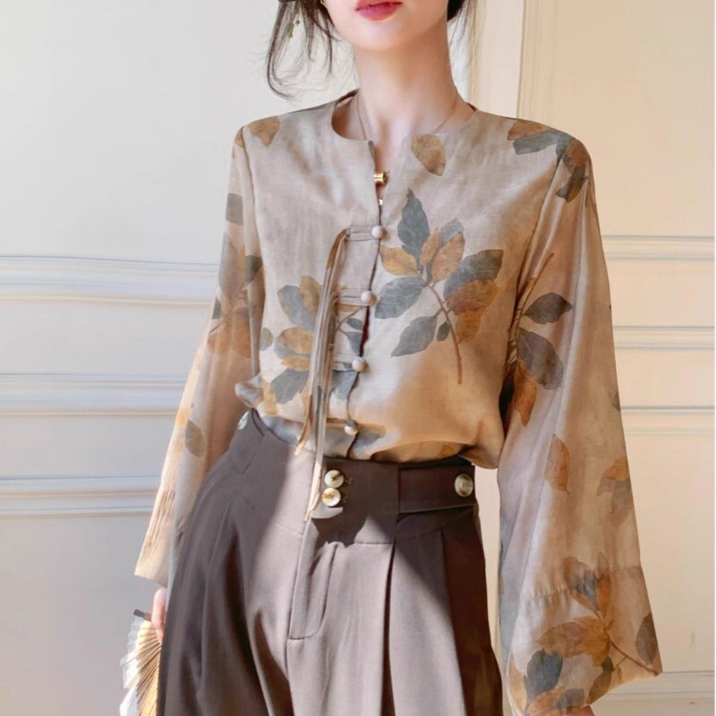 Ķīniešu stila eleganti temperamenta plāni ar apdruku ar O veida kakla krekli ar garām piedurknēm Sieviešu pavasara rudens tendences biroja sieviešu topi