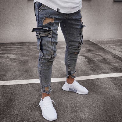 Blugi cu elastic de stradă Pantaloni cargo din denim pentru bărbați, spălat, culoare uni, cu mai multe buzunare, ocazional, pantaloni cu talie mijlocie, slim fit, îmbrăcăminte zilnică, pantaloni de jogging