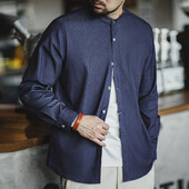 Maden Retro Cool Ice Silk Džinsiniai marškinėliai su skalbtu apvaliu kaklu Kasdieniai vienspalviai marškinėliai ilgomis rankovėmis vyriškiems rudeniui