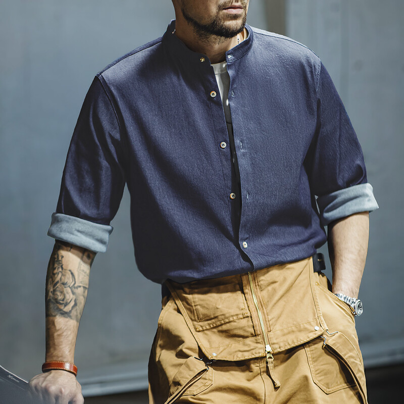 Maden Retro Cool Ice Silk Džinsiniai marškinėliai su skalbtu apvaliu kaklu Kasdieniai vienspalviai marškinėliai ilgomis rankovėmis vyriškiems rudeniui