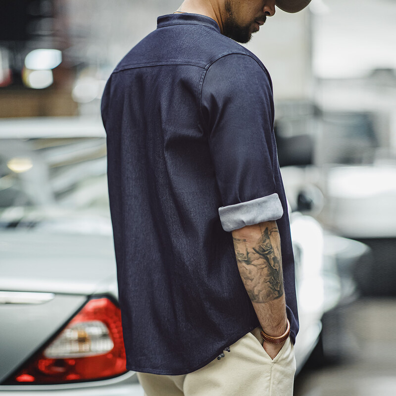 Maden Retro Cool Ice Silk Džinsiniai marškinėliai su skalbtu apvaliu kaklu Kasdieniai vienspalviai marškinėliai ilgomis rankovėmis vyriškiems rudeniui