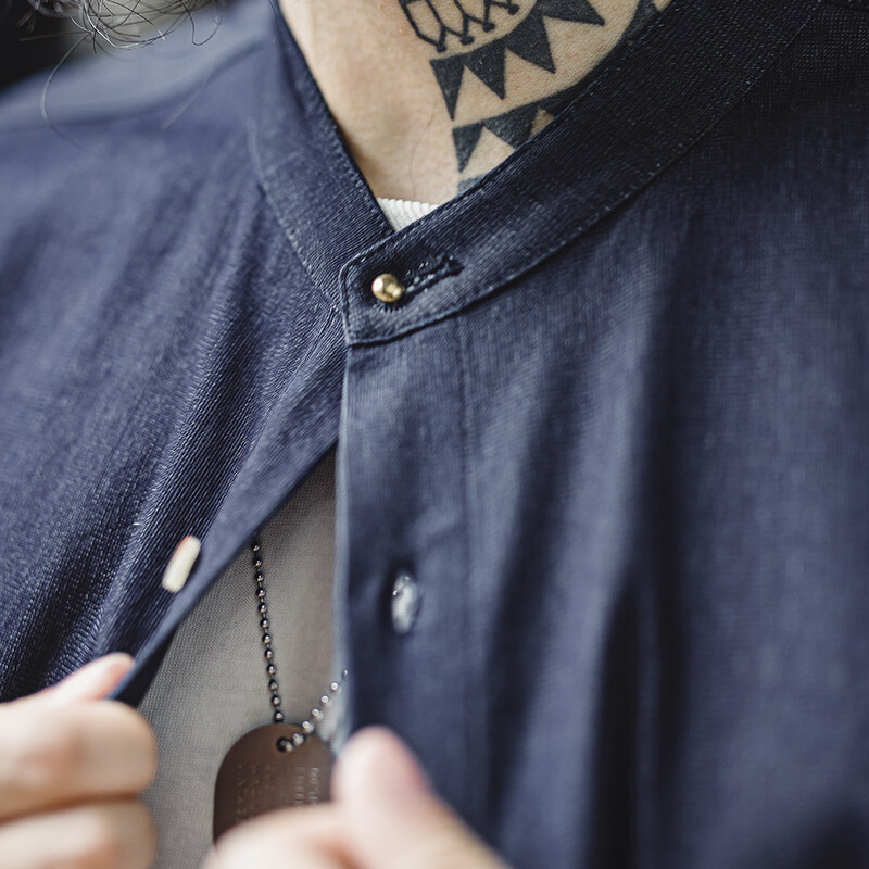 Maden Retro Cool Ice Silk Džinsiniai marškinėliai su skalbtu apvaliu kaklu Kasdieniai vienspalviai marškinėliai ilgomis rankovėmis vyriškiems rudeniui