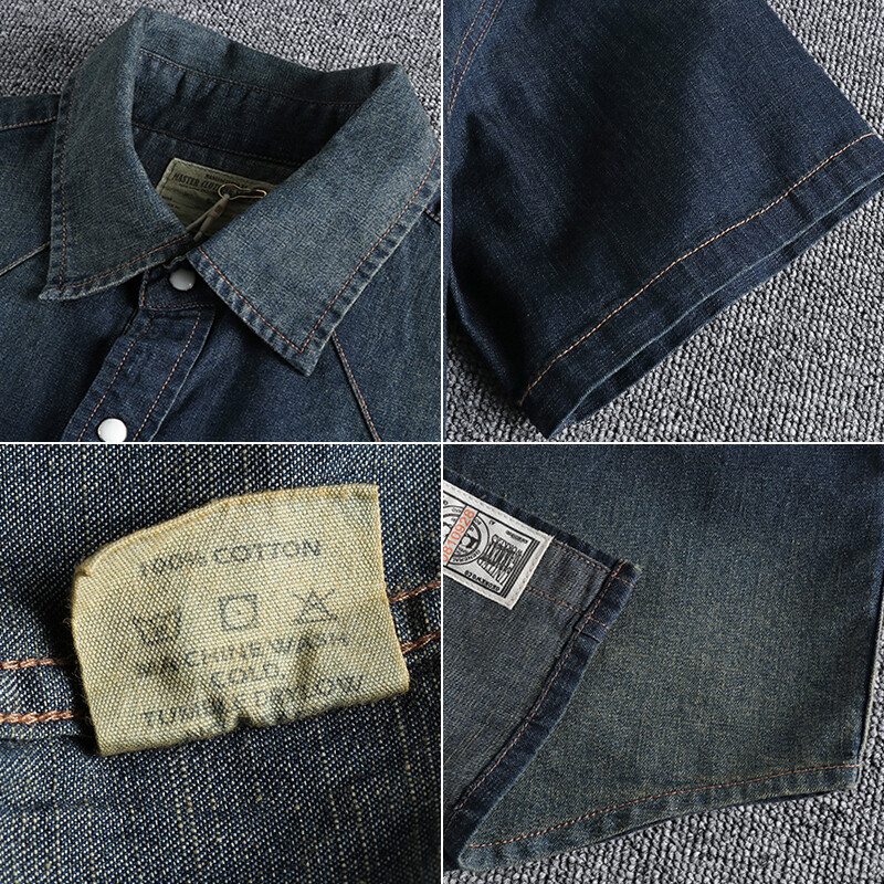 Vasaros nauji amerikietiški retro trumpomis rankovėmis atvartai Džinsiniai krovininiai marškinėliai Vyriški madingi grynos medvilnės skalbti senos daugiakišenės laisvalaikio palaidinės