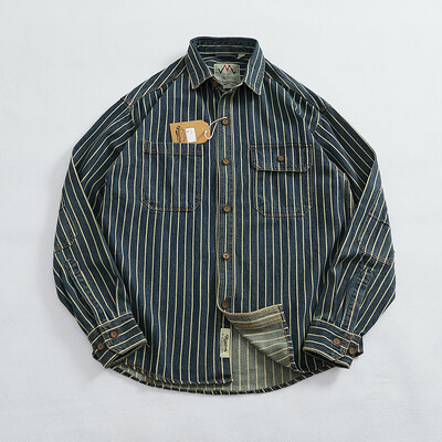 Sunkios vertikalios juostelės krovininiai džinsiniai marškinėliai Vyriški seniai skalbti medvilniniai alkūnės lazdelei audinio atvartai ilgomis rankovėmis marškinių striukė