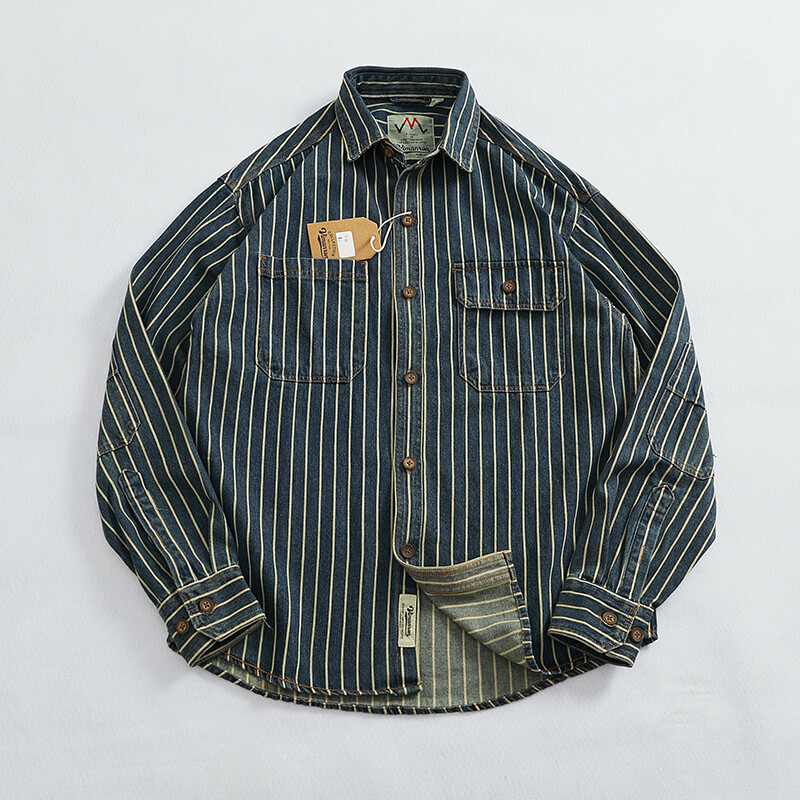 Sunkios vertikalios juostelės krovininiai džinsiniai marškinėliai Vyriški seniai skalbti medvilniniai alkūnės lazdelei audinio atvartai ilgomis rankovėmis marškinių striukė