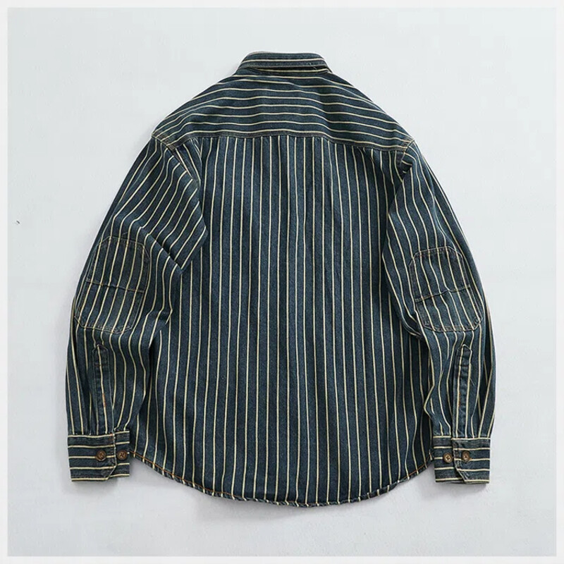 Sunkios vertikalios juostelės krovininiai džinsiniai marškinėliai Vyriški seniai skalbti medvilniniai alkūnės lazdelei audinio atvartai ilgomis rankovėmis marškinių striukė