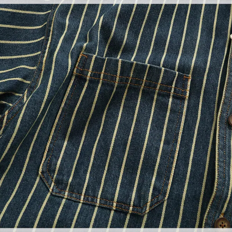 Sunkios vertikalios juostelės krovininiai džinsiniai marškinėliai Vyriški seniai skalbti medvilniniai alkūnės lazdelei audinio atvartai ilgomis rankovėmis marškinių striukė