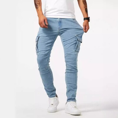 Blugi pentru bărbați, retro, cu buzunare multiple, blugi slăbiți cu picioare înguste, pentru bărbați, îmbrăcăminte de stradă, pantaloni din denim, iubit, culoare solidă, pantaloni gri cargo