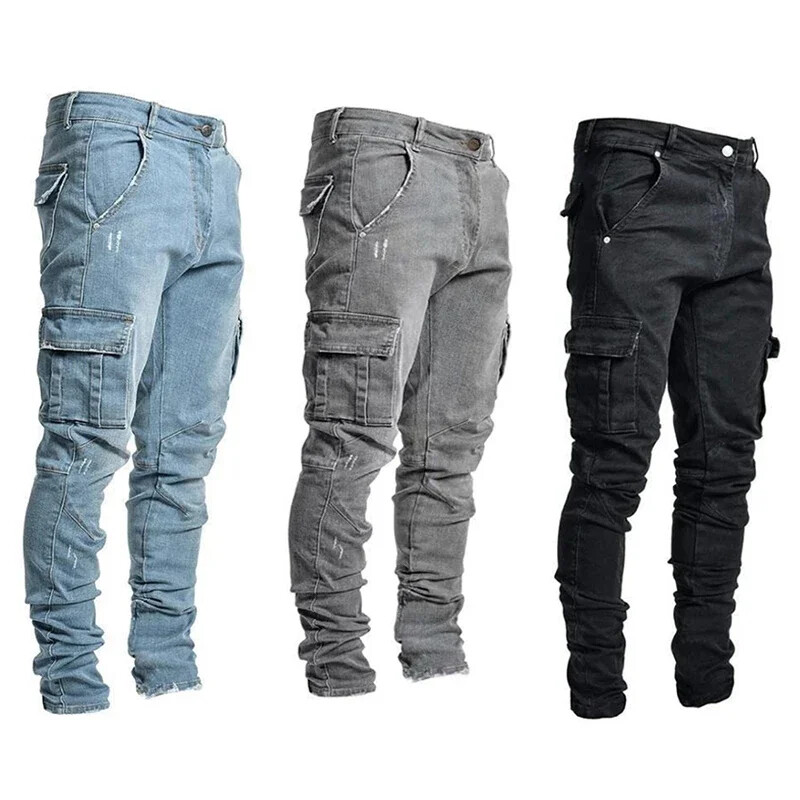 Vīriešu Džinsi Retro Vairākas Kabatas Šauras Džinsi Šauras Kājas Džinsi Vīriešu Bikses Bikses Boyfriend Vienkrāsainas Cargo Pelēkas Bikses