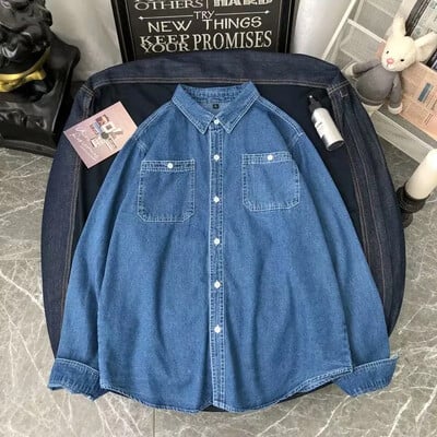 Cămașă din denim de primăvară pentru bărbați coreeană la modă cu mânecă lungă, versatilă, cuplu de studenți, jachetă subțire, ocazional, stil minimalist neutru