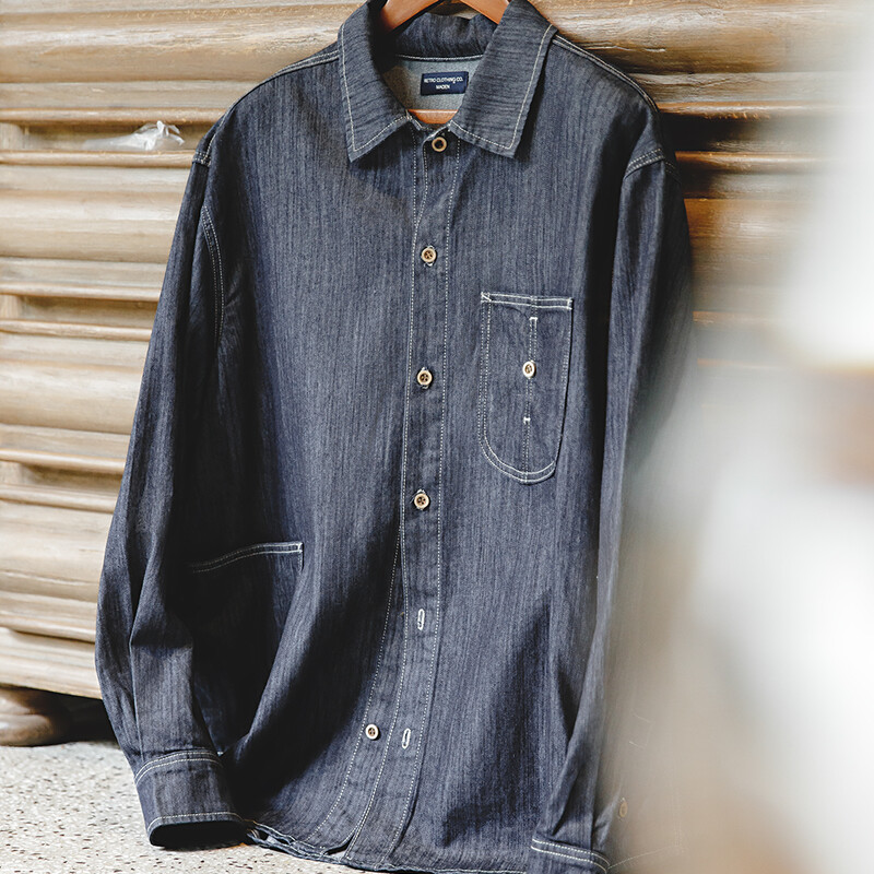 Pagaminti vintažiniai, skalbti kišenės džinsiniai marškiniai vyrams, laisvalaikio marškinėliai ilgomis rankovėmis, vyriški laisvi darbo drabužiai, didelės kišenės