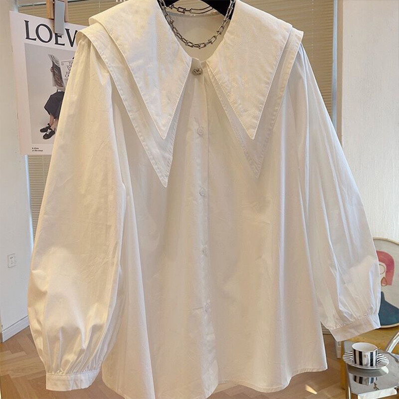 Prancūziško stiliaus marškiniai su lėlės apykakle ilgomis rankovėmis, skirti moteriškam pavasariui rudeniui, nauji laisvalaikio laisvi, lengvi prabangūs marškinėliai su viena krūtine