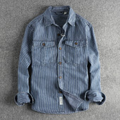 Prugasta tkanina obojena pređom oprana za izradu stare vintage cargo traper košulje za muškarce Europska i američka modna ležerna košulja