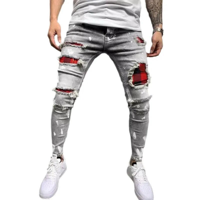 2025. g. džinsi, zīmulis, bikses, caurumi, nomākts vīriešu, ielas apģērbs, džinsi, raibs vidukļa vidū, šaurs, mazgāts džinsa auduma bikses līdz potītēm