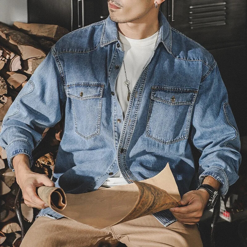 Amerikāņu vintage džinsa krekls ar garām piedurknēm Vīriešu Ins Moderns zīmola krekls Pavasara rudens vīriešu pārrobežu krājumi