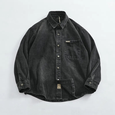 Modes džinsa krekls ar vaļīgām piedurknēm jaka vīriešu apģērba tops Smags, biezs, vecs, melns pelēks krekls