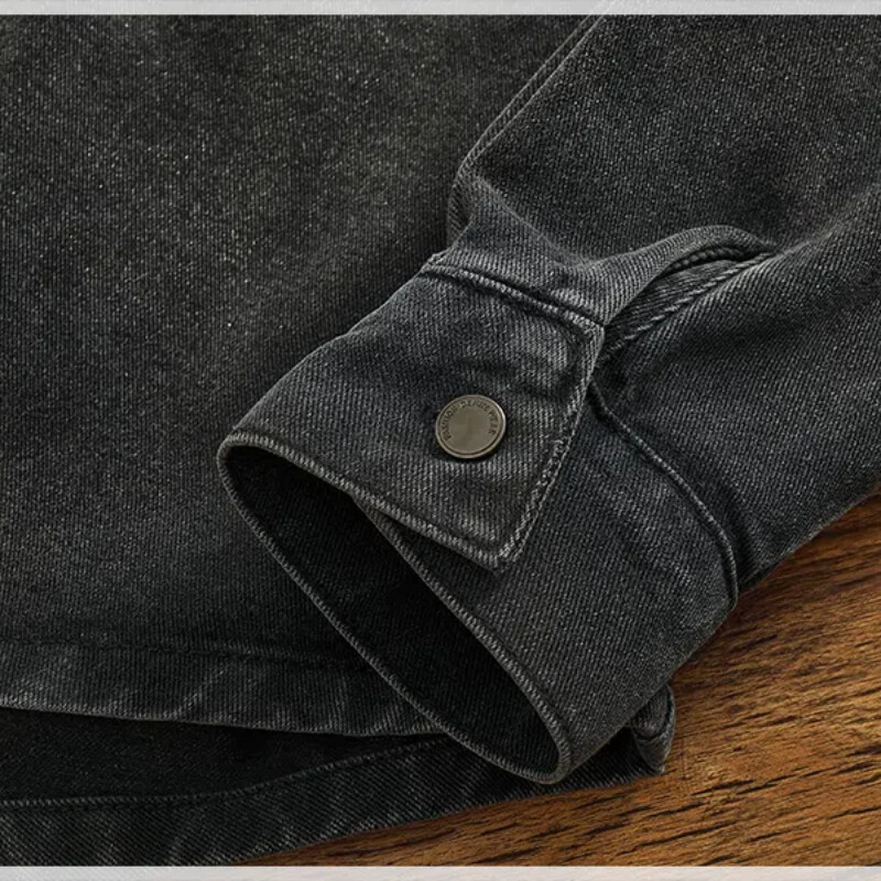 Modes džinsa krekls ar vaļīgām piedurknēm jaka vīriešu apģērba tops Smags, biezs, vecs, melns pelēks krekls