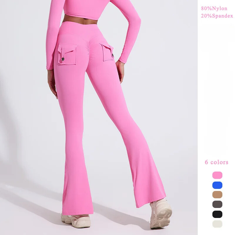 Bėgimo antblauzdžiai plačiomis kojomis Sportinės lotynų šokių kelnės moteriškos jogos aukštu juosmeniu, klubų pakėlimas, fitneso salė, platėjančios kelnės su kišene