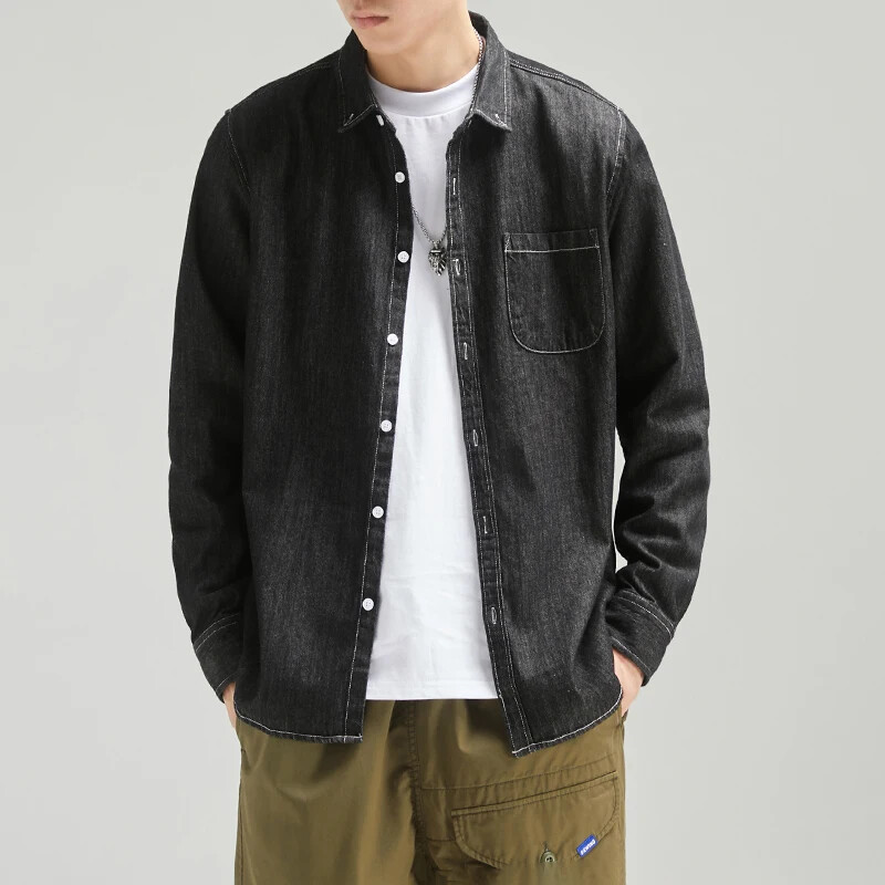 100% kokvilnas vīriešu jauns džinsa krekls ar garām piedurknēm melns zils, nolaižams plecu pogas kabatas kovboju brīvs ikdienas darba džinsu krekli