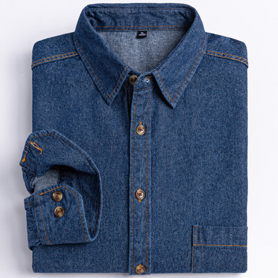 Meeste mitmekülgne vabaaja pikkade varrukatega teksariidest taskusärk Tavalise istuvusega Mugav pehme 100% puuvillast pestud vastupidavus töösärgid