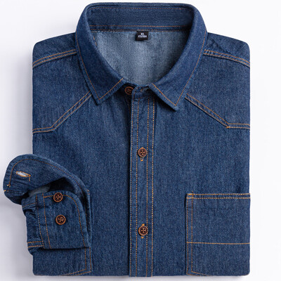 Meeste mitmekülgne vabaaja pikkade varrukatega teksariidest taskusärk Tavalise istuvusega Mugav pehme 100% puuvillast pestud vastupidavus töösärgid