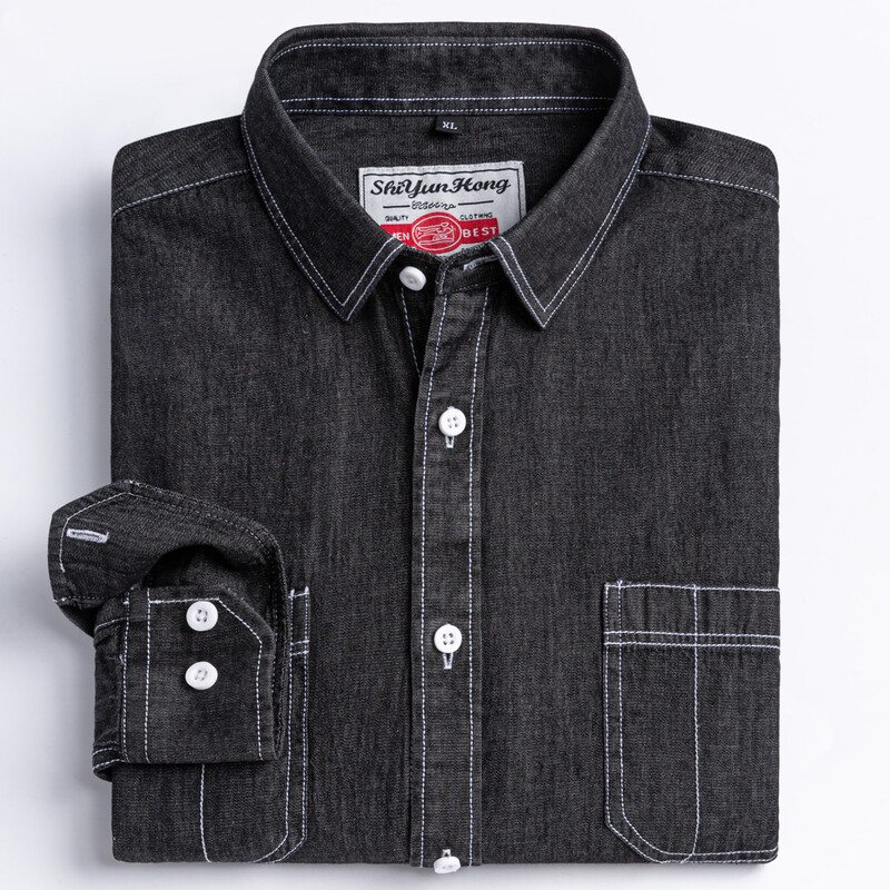 Meeste mitmekülgne vabaaja pikkade varrukatega teksariidest taskusärk Tavalise istuvusega Mugav pehme 100% puuvillast pestud vastupidavus töösärgid