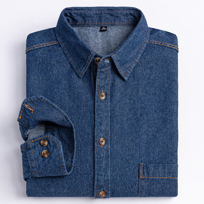 Meeste mitmekülgne vabaaja pikkade varrukatega teksariidest taskusärk Tavalise istuvusega Mugav pehme 100% puuvillast pestud vastupidavus töösärgid