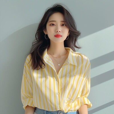 Ilgomis rankovėmis geltoni balti vertikalūs dryžuoti marškiniai Pavasaris ruduo Nauji laisvalaikio lieknėjanti palaidinė Viršutiniai madingi drabužiai moterims