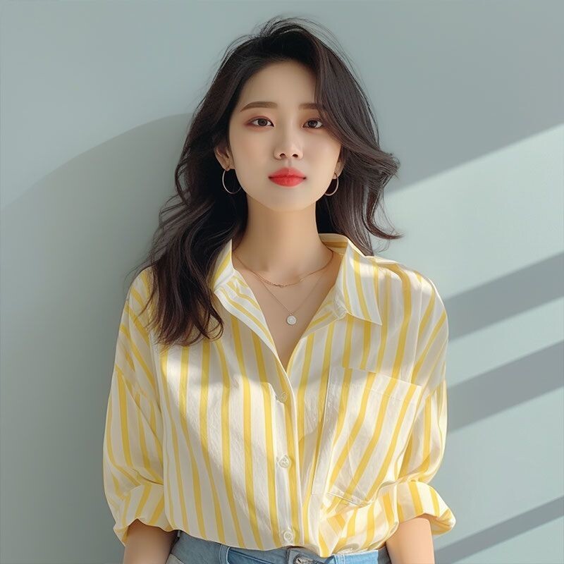 Ilgomis rankovėmis geltoni balti vertikalūs dryžuoti marškiniai Pavasaris ruduo Nauji laisvalaikio lieknėjanti palaidinė Viršutiniai madingi drabužiai moterims