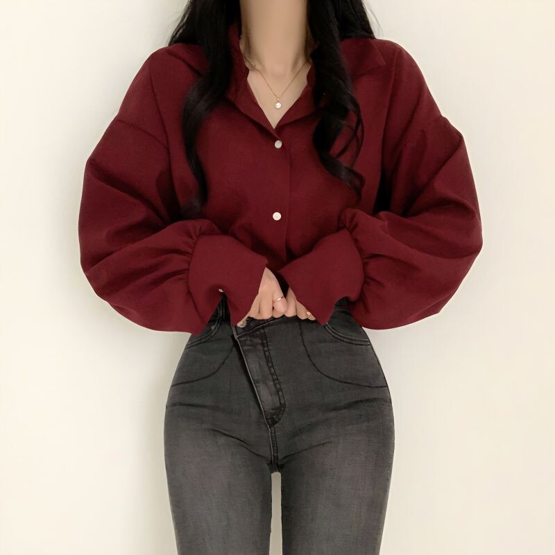 Gatvės laisvalaikio laisvi paprastumo marškinėliai Pavasario rudens polo kaklo ilgomis rankovėmis vientisa vintažinė palaidinė Madingi korėjietiški moterų drabužiai