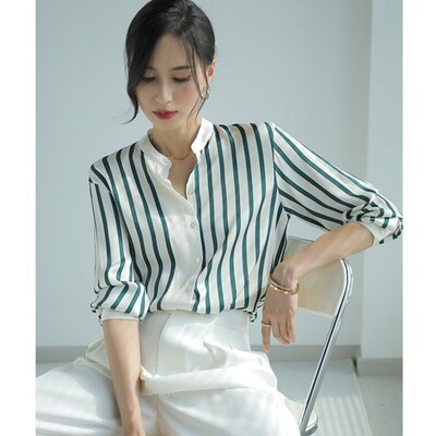 Ženska moda proljeće jesen, uredske dame, prugaste stojeće kragne, šifonske košulje dugih rukava, ženske ležerne majice u trendu za sve