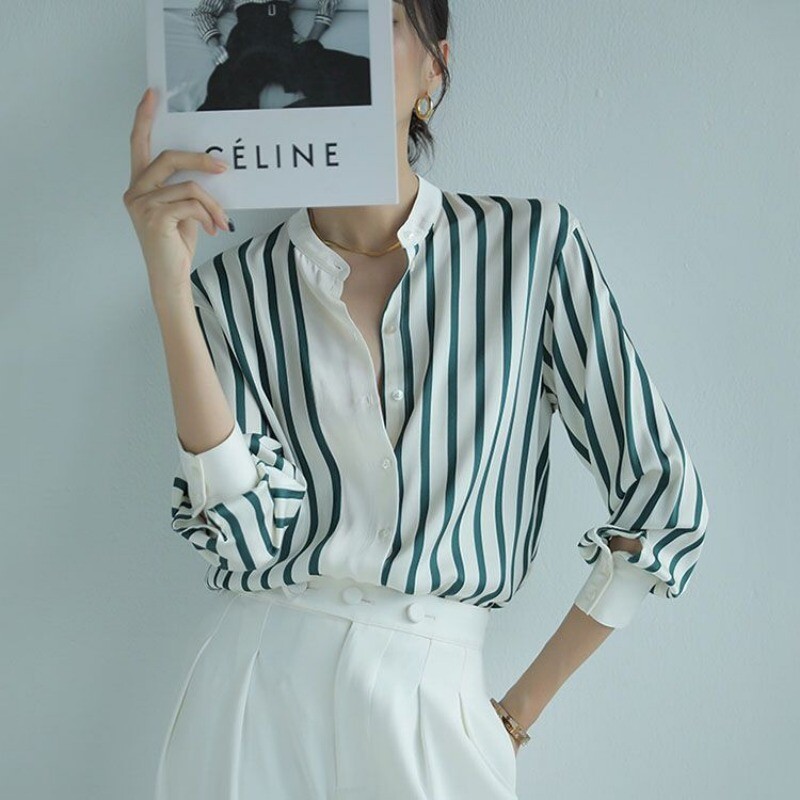 Ženska moda proljeće jesen, uredske dame, prugaste stojeće kragne, šifonske košulje dugih rukava, ženske ležerne majice u trendu za sve