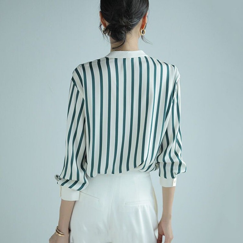 Ženska moda proljeće jesen, uredske dame, prugaste stojeće kragne, šifonske košulje dugih rukava, ženske ležerne majice u trendu za sve
