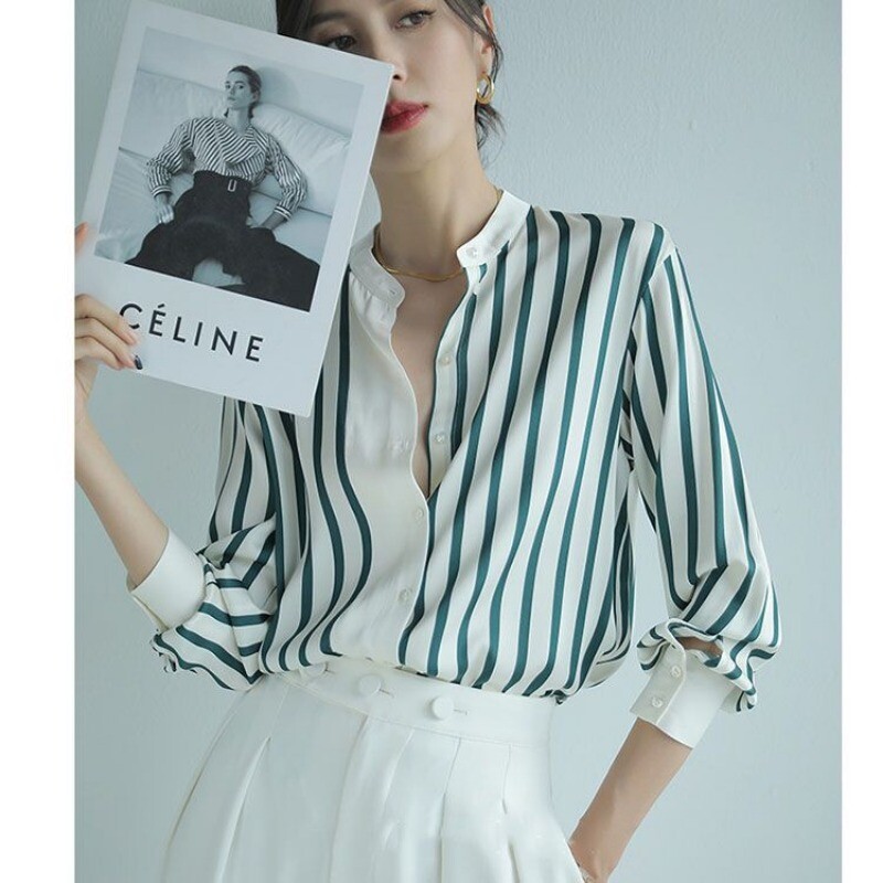 Ženska moda proljeće jesen, uredske dame, prugaste stojeće kragne, šifonske košulje dugih rukava, ženske ležerne majice u trendu za sve