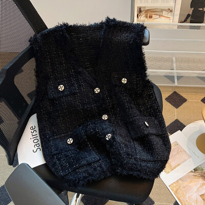 Blizgančios megztos moteriškos moteriškos moteriškos minkštos, neryškios sagomis nuleistos kišenės be rankovių languotas švarkas paltas rudens žiemos prabangus drabužis