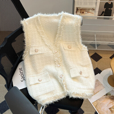 Blizgančios megztos moteriškos moteriškos moteriškos minkštos, neryškios sagomis nuleistos kišenės be rankovių languotas švarkas paltas rudens žiemos prabangus drabužis