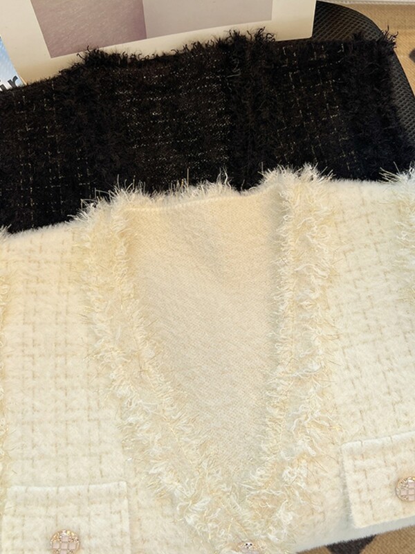 Blizgančios megztos moteriškos moteriškos moteriškos minkštos, neryškios sagomis nuleistos kišenės be rankovių languotas švarkas paltas rudens žiemos prabangus drabužis