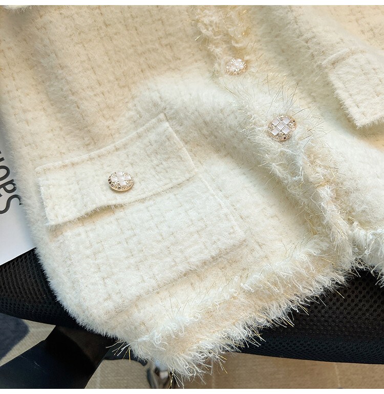 Blizgančios megztos moteriškos moteriškos moteriškos minkštos, neryškios sagomis nuleistos kišenės be rankovių languotas švarkas paltas rudens žiemos prabangus drabužis