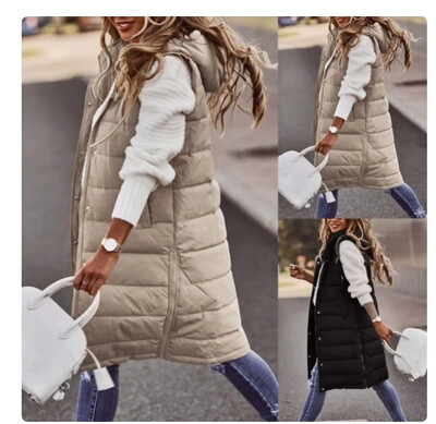 Varrukateta talvejope naiste midimantlid sulevest Hoiab soojas Elegantne must kapuutsiga tänav Hipster Lady puuvillane mantel