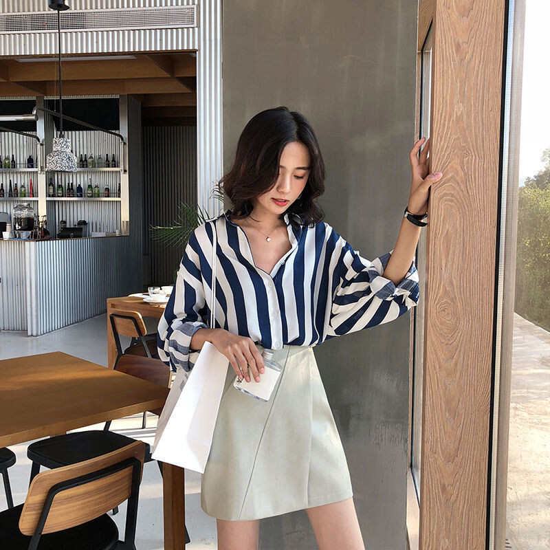 Moteriški Pavasaris Vasara Paprastumas Laisvi dryžuoti biuro moteriški polo apykaklės marškiniai ilgomis rankovėmis Moteriški madingi madingi madingi viršutiniai drabužiai